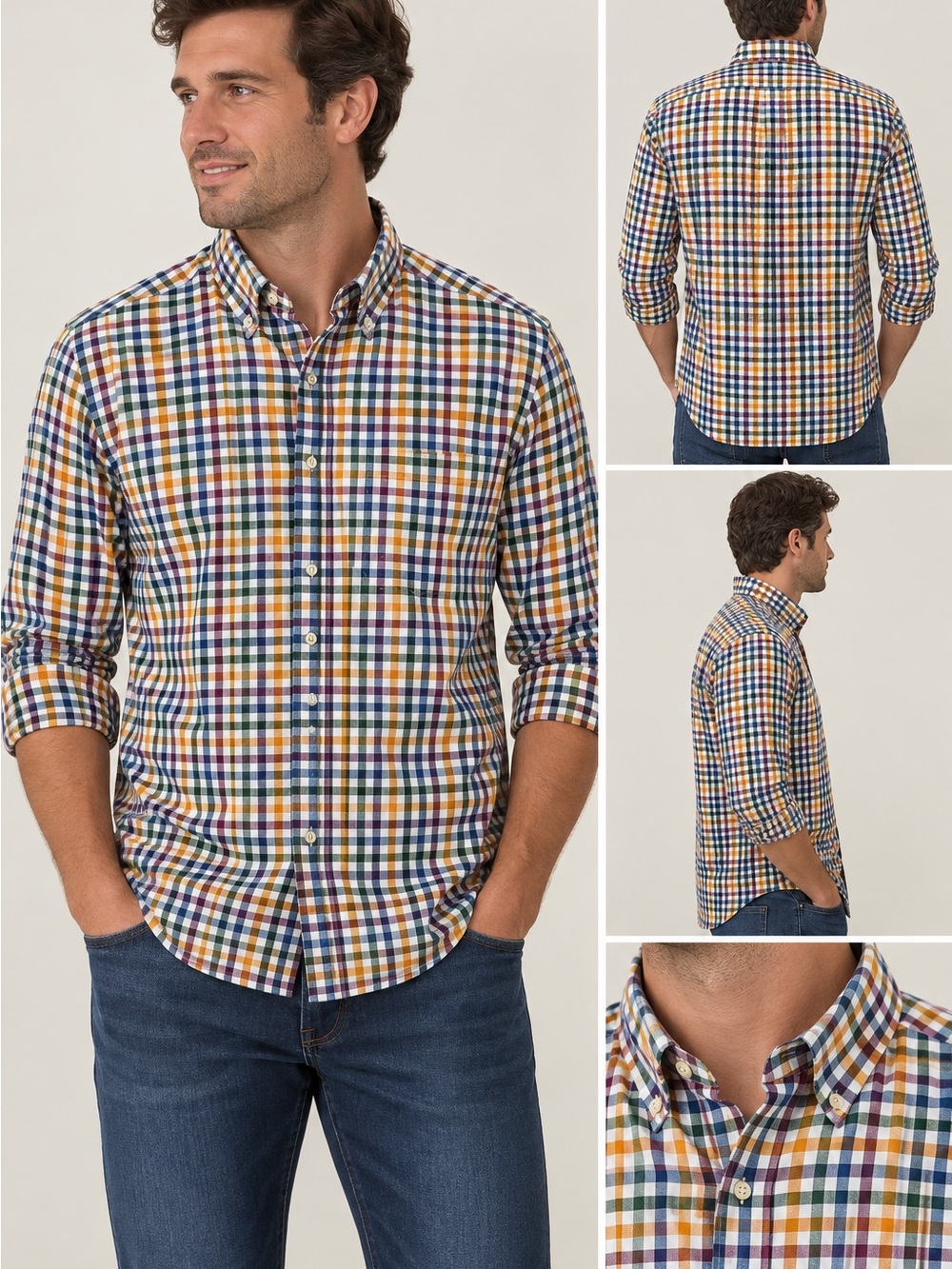 Men's Button-Down Plaid Shirt in Blue, Yellow & White cotton wool blend fall
